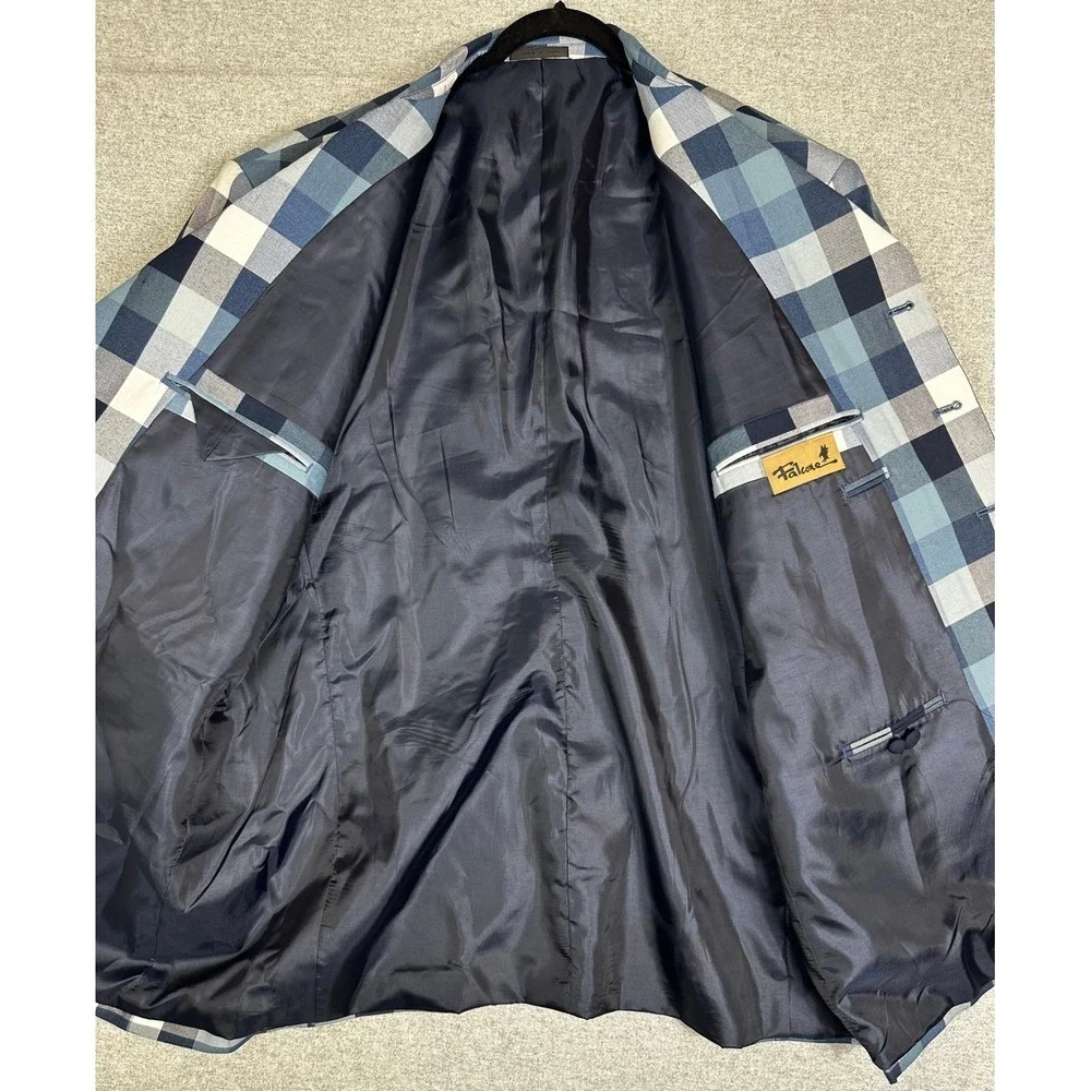 Falcone Blazer 52R Blue Navy White Buffalo Plaid Jacket‎ 4 Button Lined